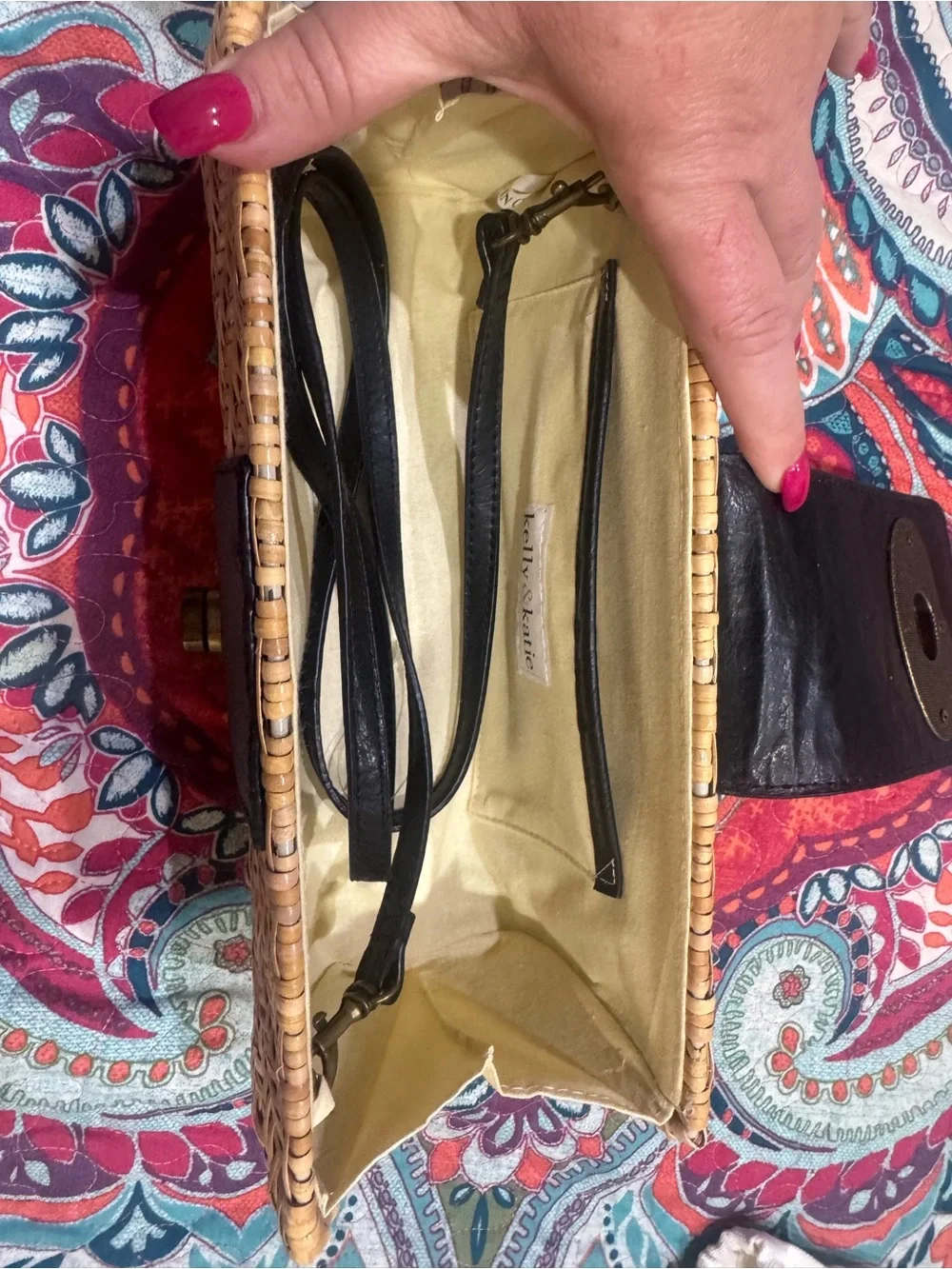 Woven Straw Clutch with Black Leather Accent